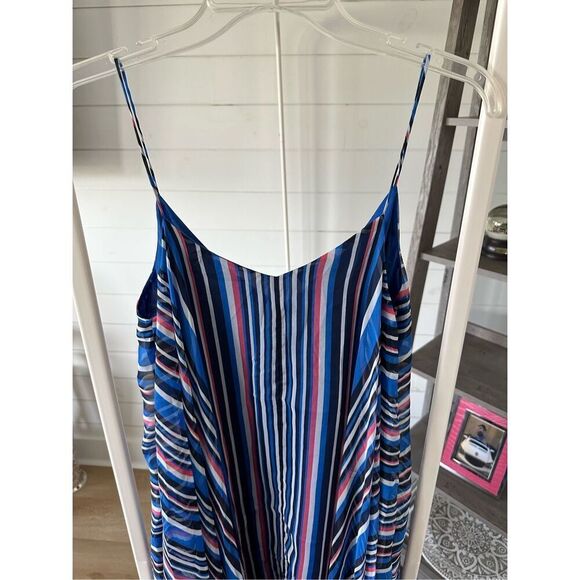 BEBE Dress Striped Blue Coral Black Sheer Sun Dress w Pockets & V Neck Women’s X - Picture 7 of 9